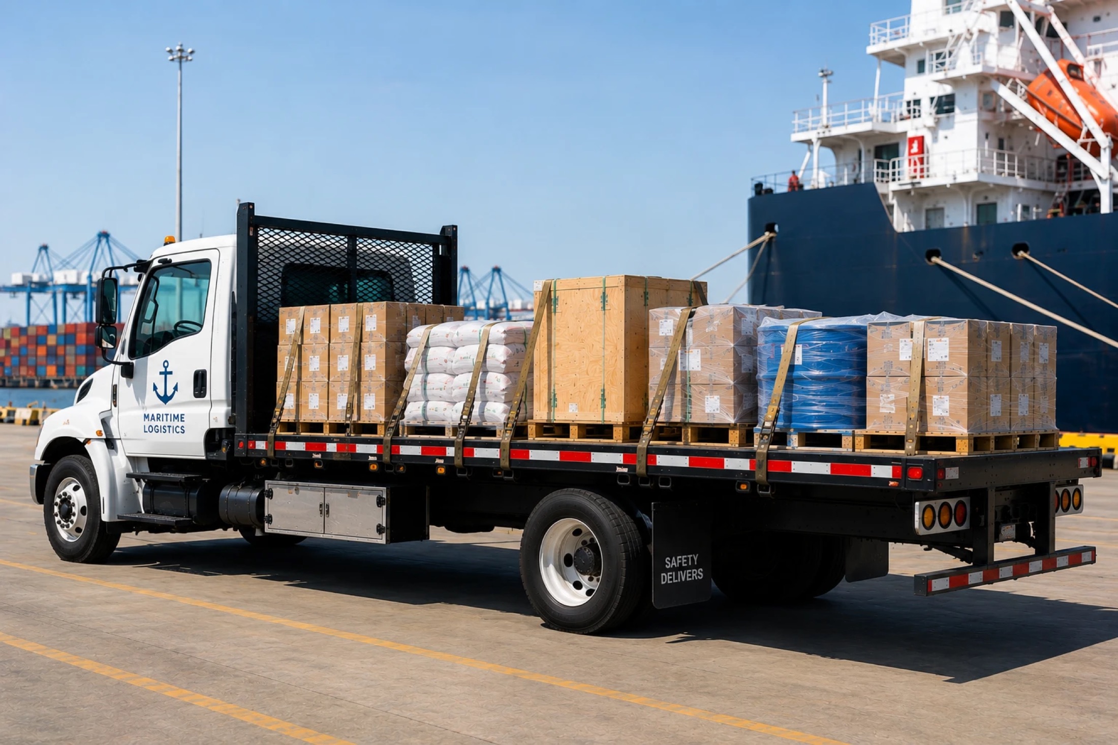Flatbed delivery truck loaded with cargo at the berth alongside a vessel