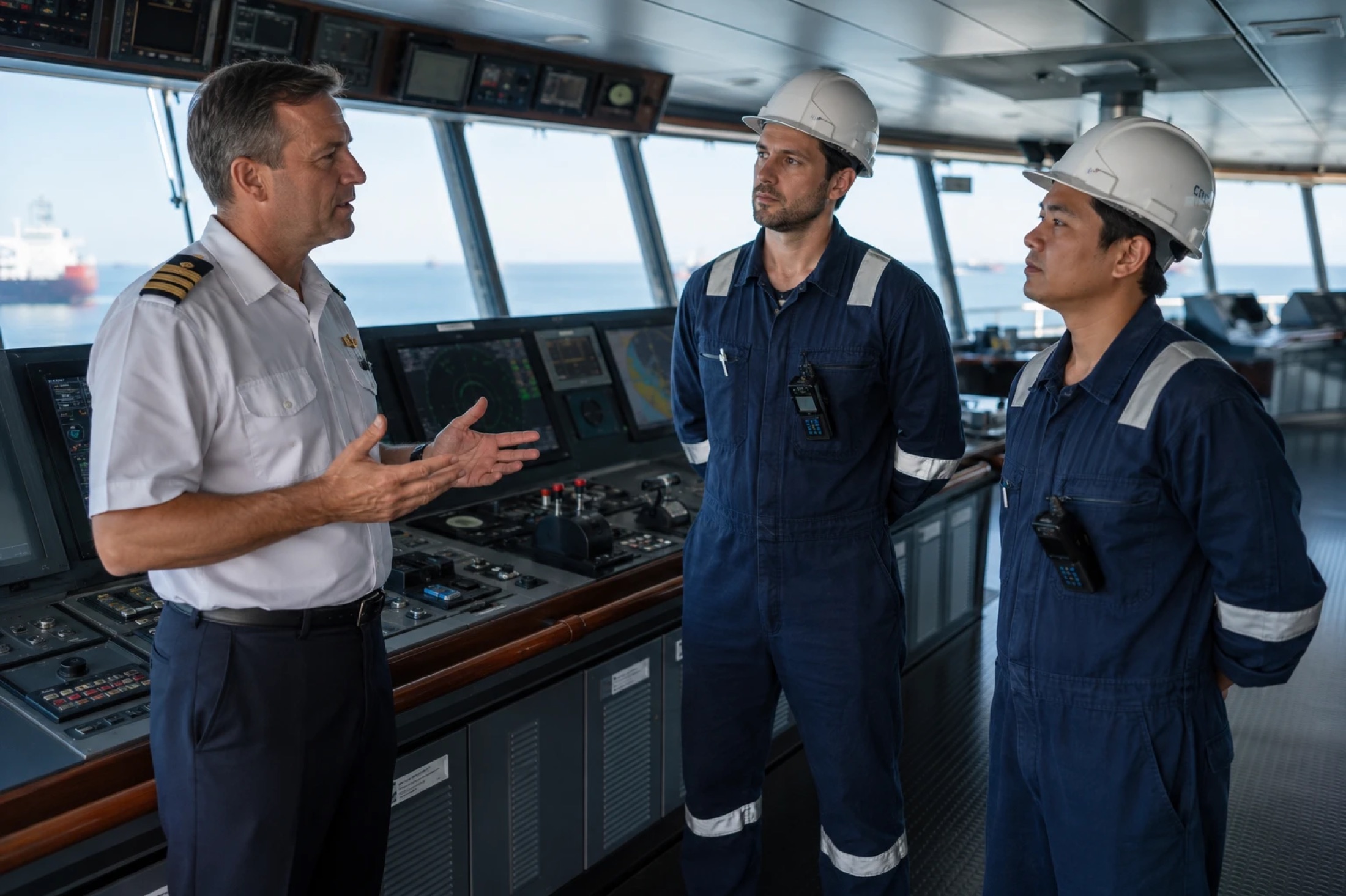 Ship's captain and officers on the bridge deck of a large vessel