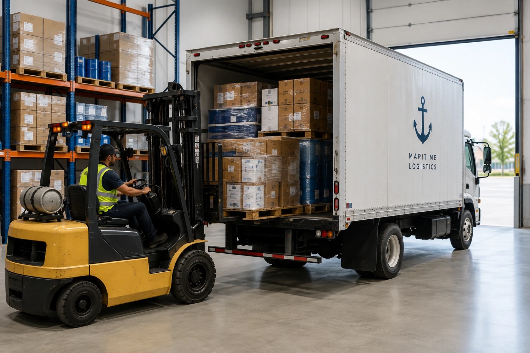 Warehouse worker forklifting palletized cargo into a delivery truck