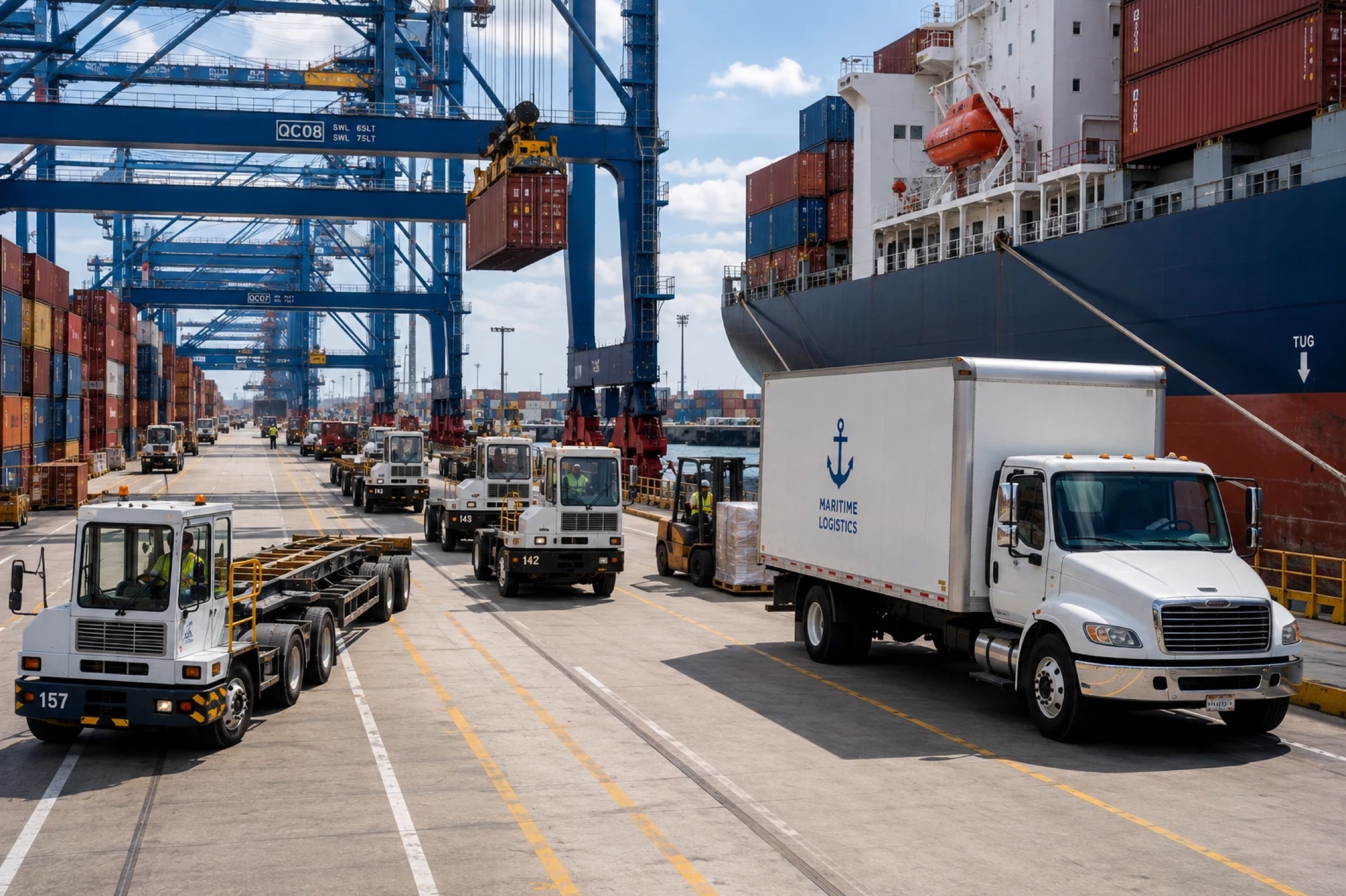Busy container terminal with gantry cranes, trucks, and a vessel at berth